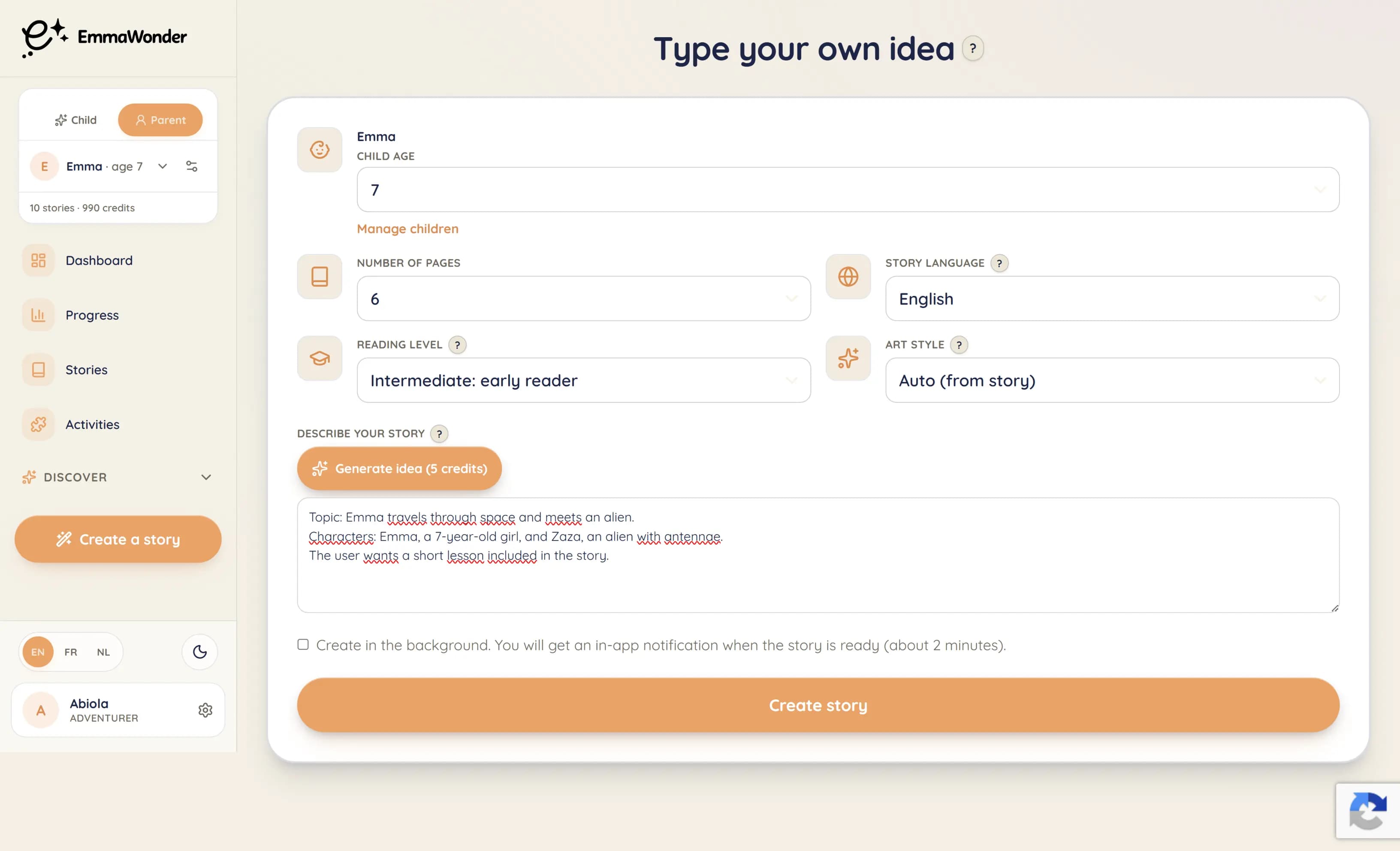 App screen: story settings with age, language, and interests