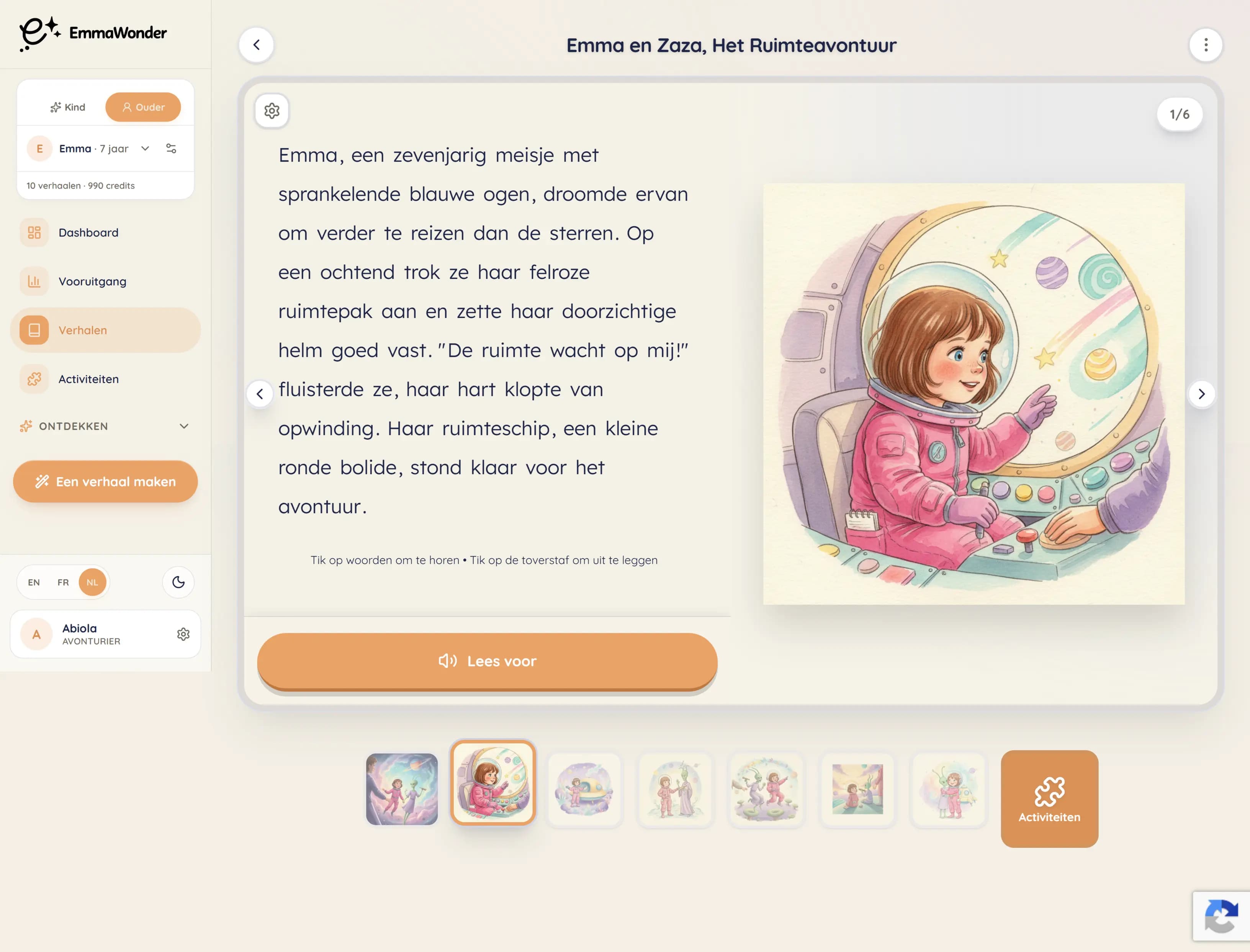 Geïllustreerde verhaalpagina met voorlezen