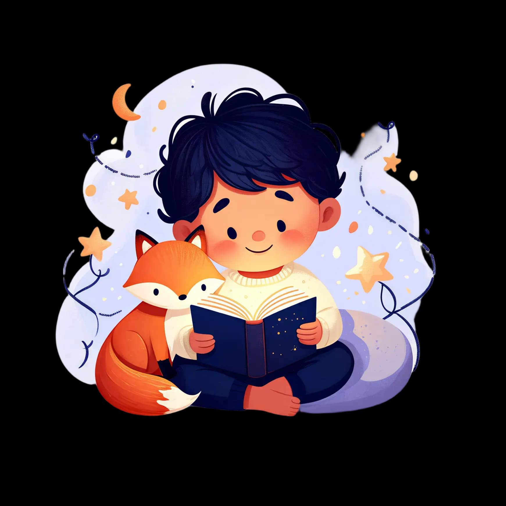 A small child curled with a sleepy fox, reading a glowing bedtime story under a crescent moon